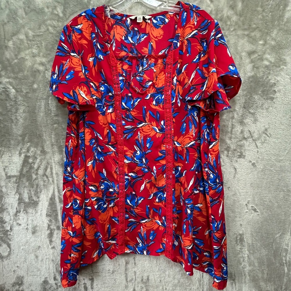 The‎ Pioneer Woman XXXL Red Floral Blouse Boho Flutter Sleeve Crochet Lace Tunic